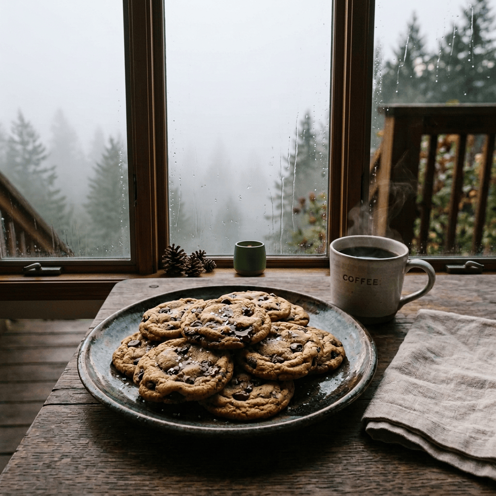 Cozy mountain breakfast overlooking misty valley Plate of chocolate chip cookies and coffee overlooking a misty mountain valley