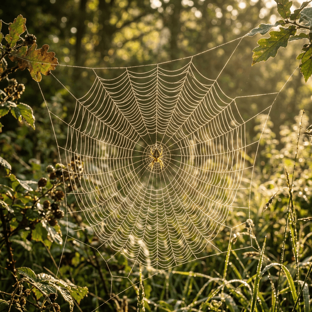 Spider web glowing in morning sunlight