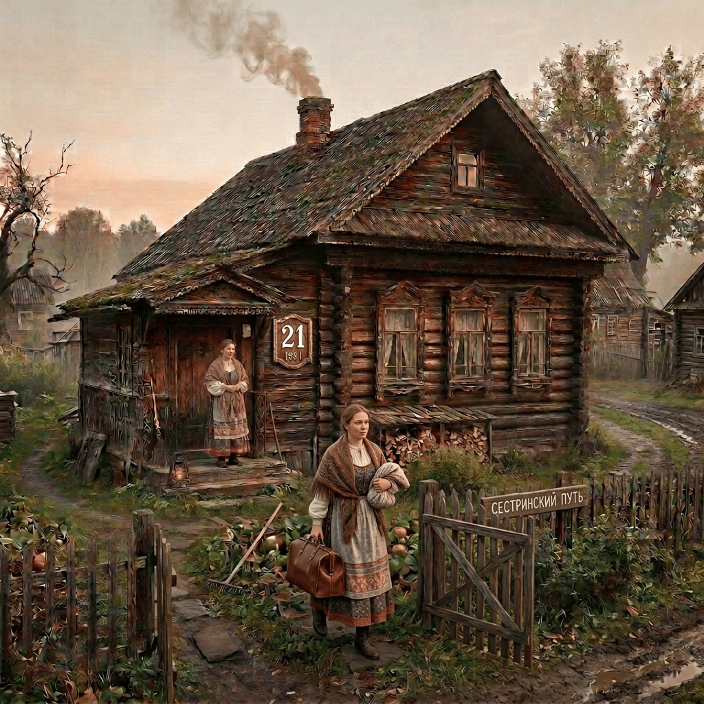 Traditional Wooden Cottage in Autumn Village Weathered wooden cottage numbered 21 beside a fenced vegetable garden